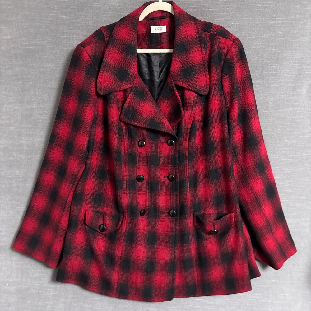 Cato Pea Coat 2X 3X 22W Red Buffalo Plaid Wool Blend Double Breasted Jacket Fall